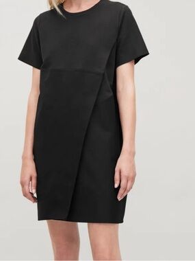 COS Black Short-Sleeve Overlap Mini Dress with Pockets 100% Cotton Size Medium